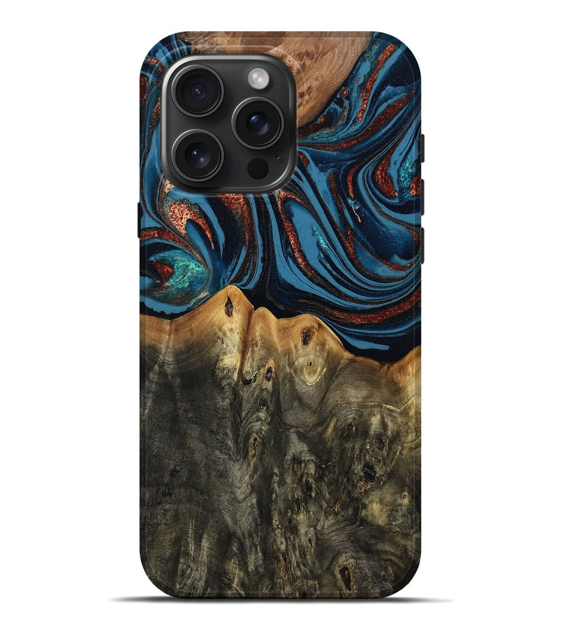iPhone 16 Pro Max Wood Live Edge Phone Case - Karin (Teal & Gold, 808007)