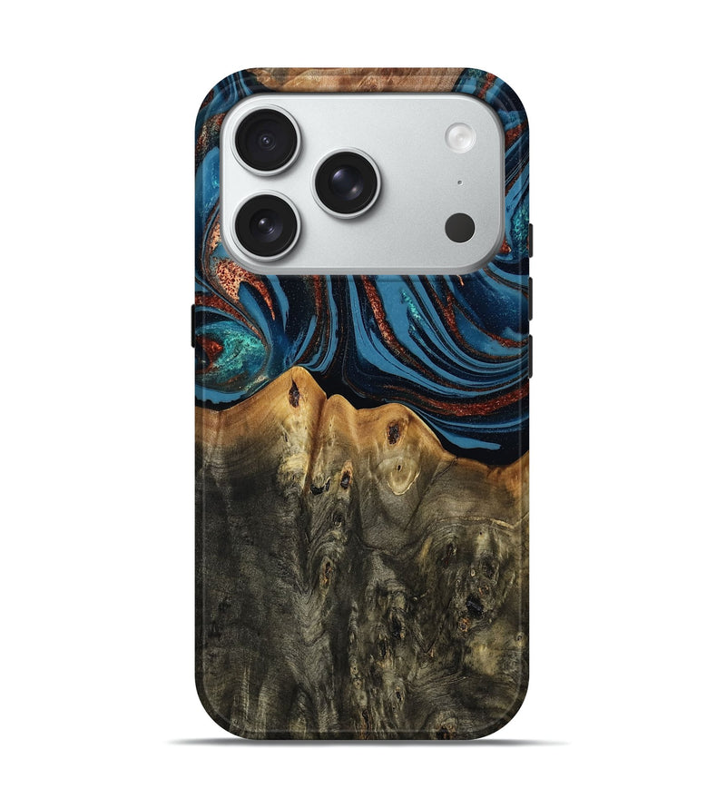 iPhone 18 Pro Wood Live Edge Phone Case - Karin (Teal & Gold, 808007)