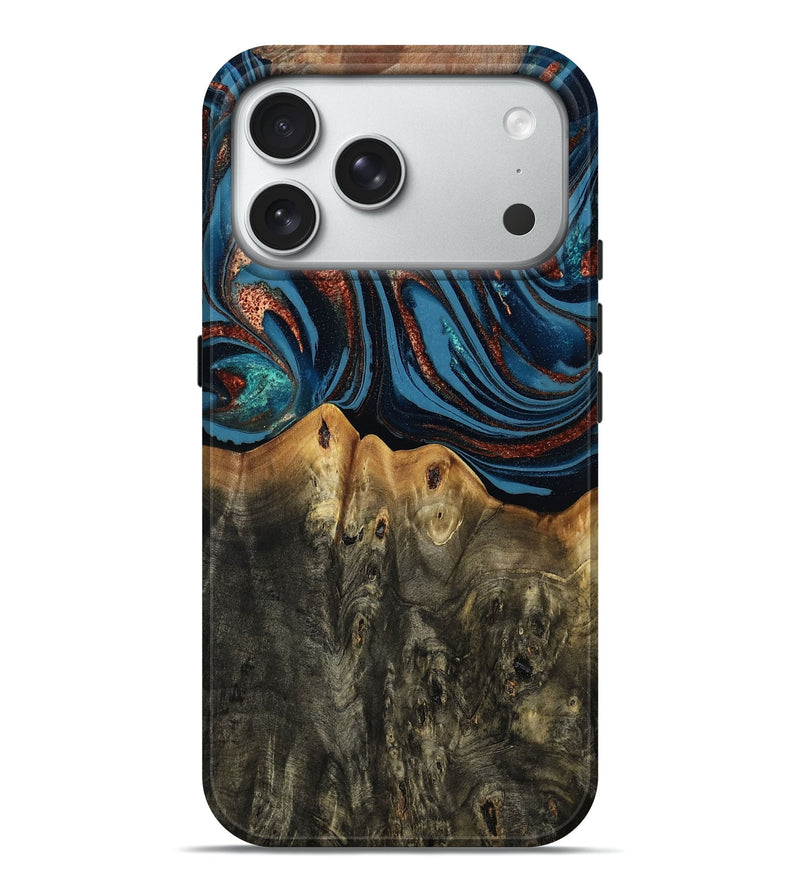 iPhone 18 Pro Max Wood Live Edge Phone Case - Karin (Teal & Gold, 808007)