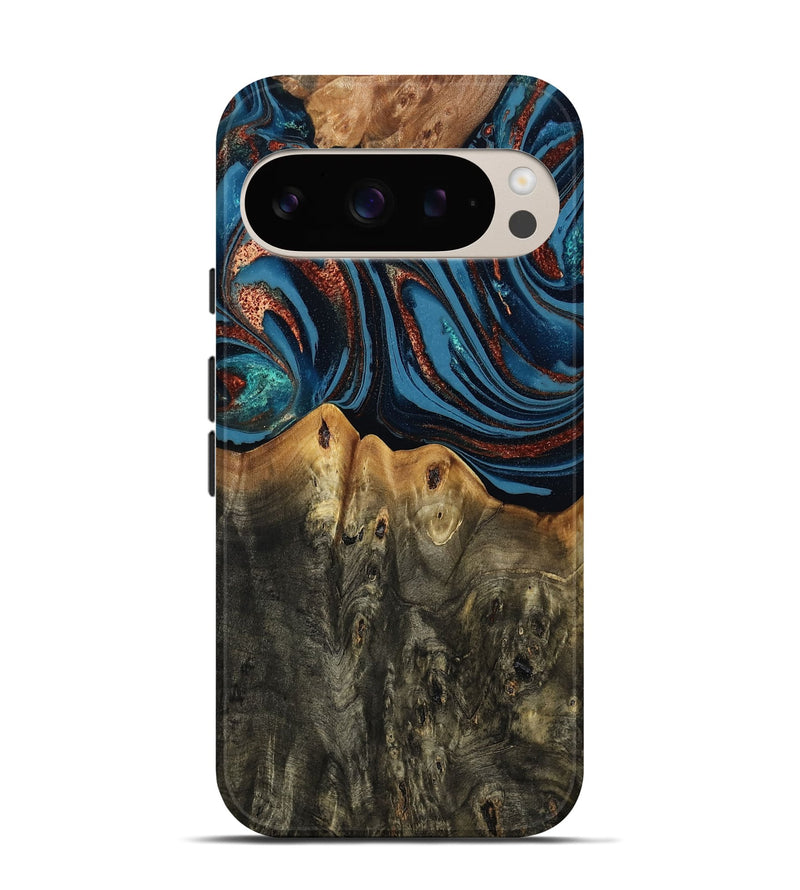 Pixel 9 Pro Wood Live Edge Phone Case - Karin (Teal & Gold, 808007)