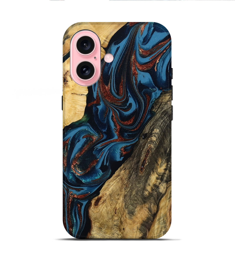 iPhone 16 Wood Live Edge Phone Case - Kayce (Teal & Gold, 808011)