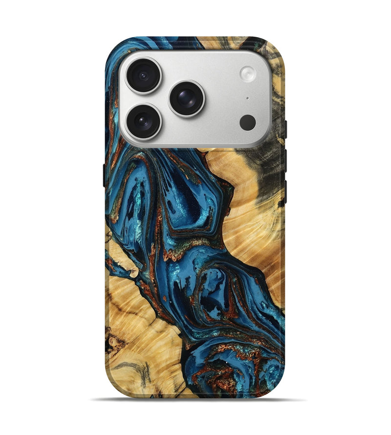 iPhone 17 Pro Wood Live Edge Phone Case - Oscar (Teal & Gold, 808013)