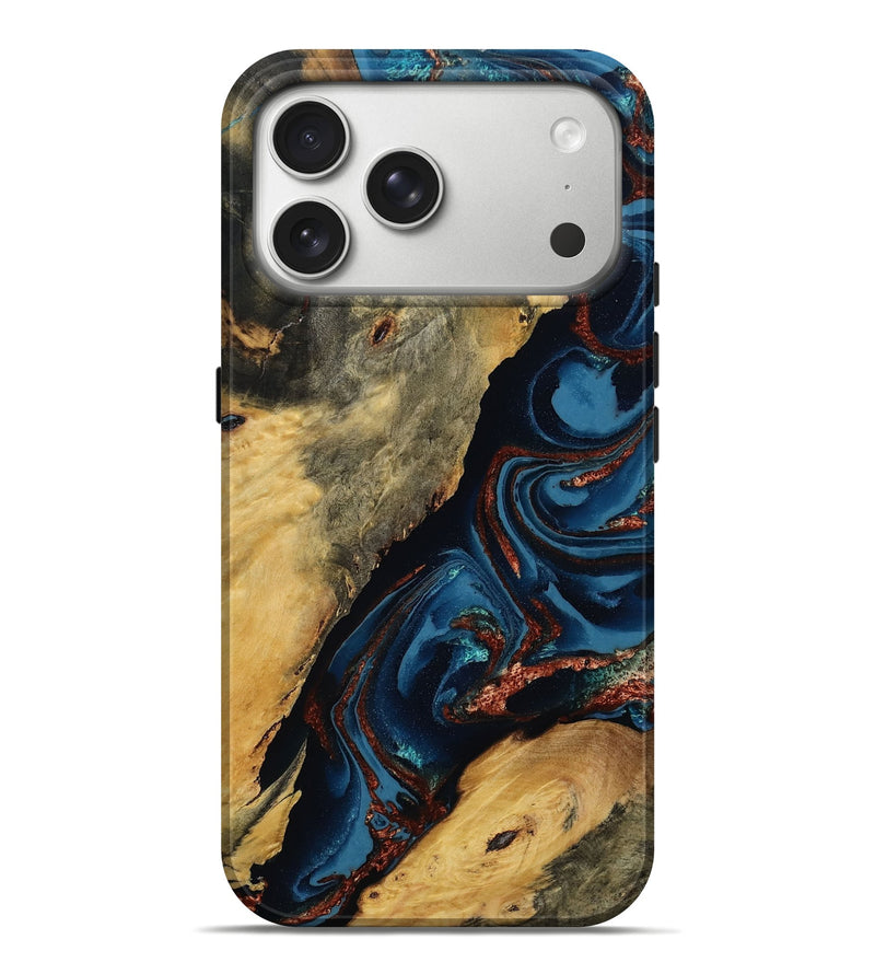 iPhone 17 Pro Max Wood Live Edge Phone Case - Sloan (Teal & Gold, 808015)