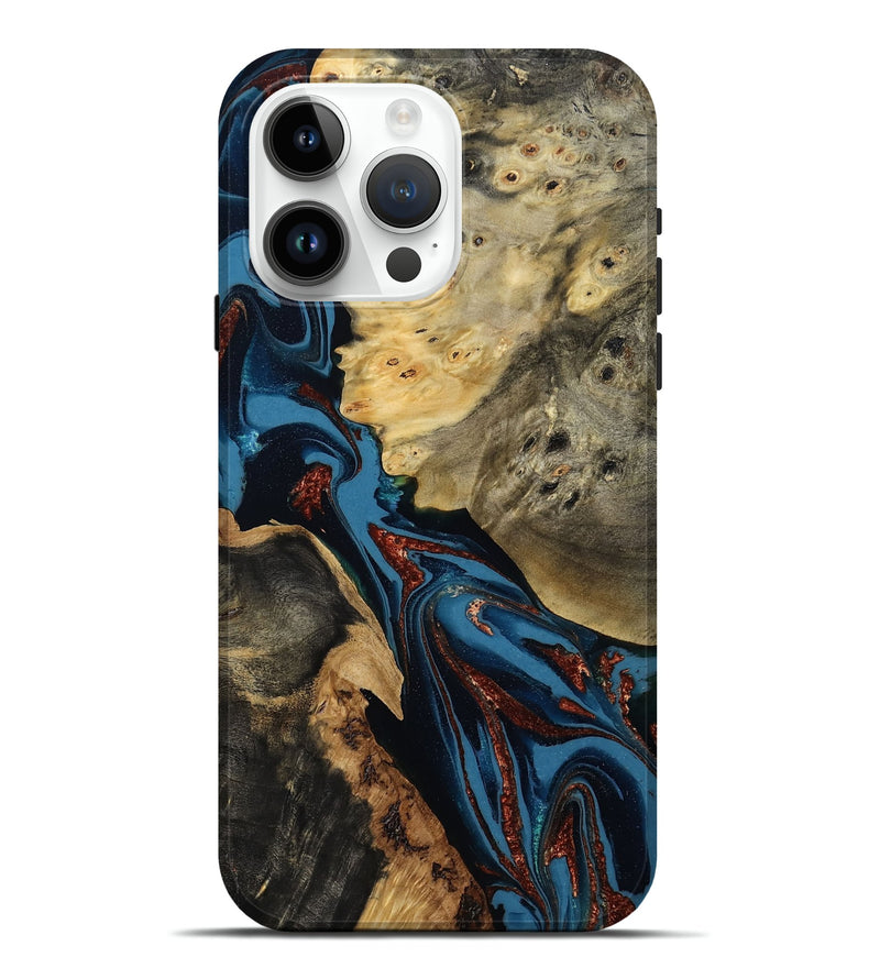 iPhone 15 Pro Max Wood Live Edge Phone Case - Kenley (Teal & Gold, 808016)