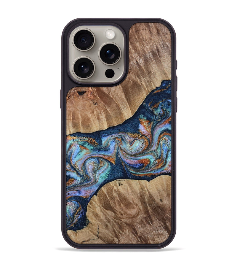 iPhone 15 Pro Max Wood Phone Case - April (Teal & Gold, 808045)