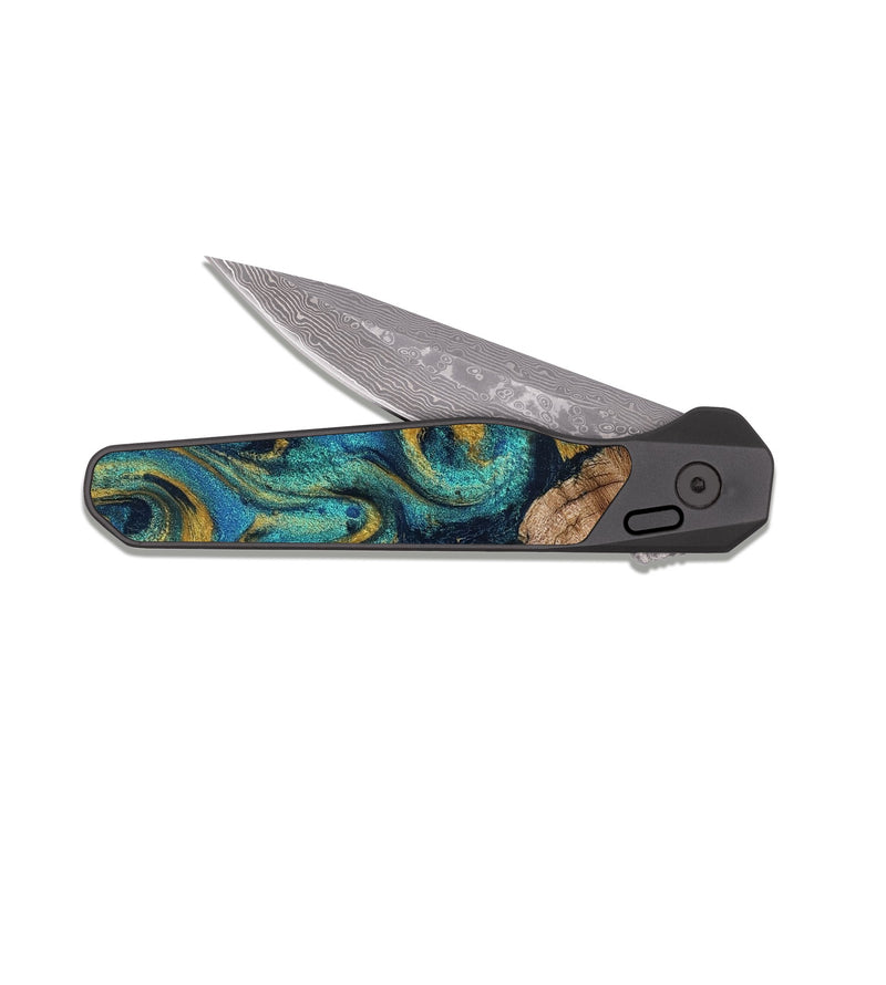 EDC Dark Damascus Wood Pocket Knife - Billye (Teal & Gold, 808049)