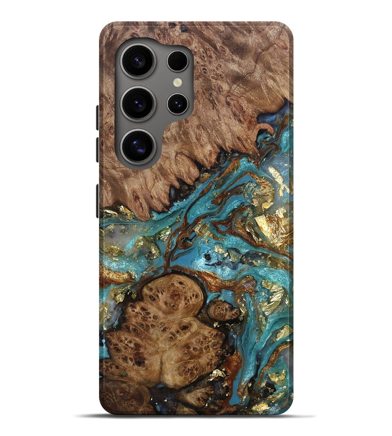 Galaxy S25 Ultra Wood Live Edge Phone Case - Flossie (Teal & Gold, 808303)