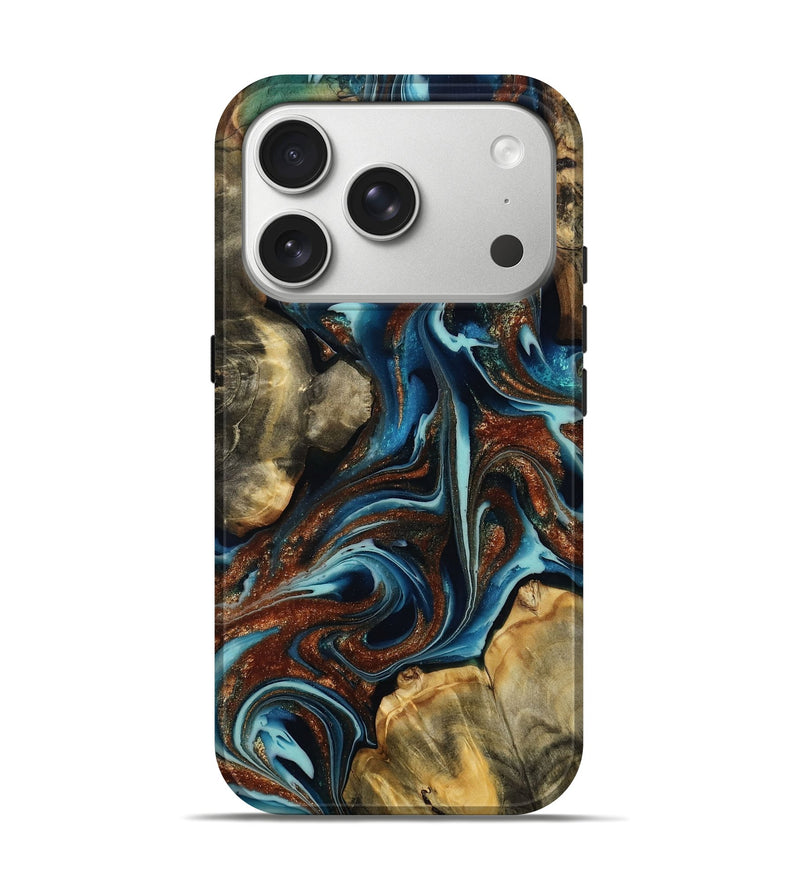iPhone 17 Pro Wood Live Edge Phone Case - Merrill (Teal & Gold, 808307)