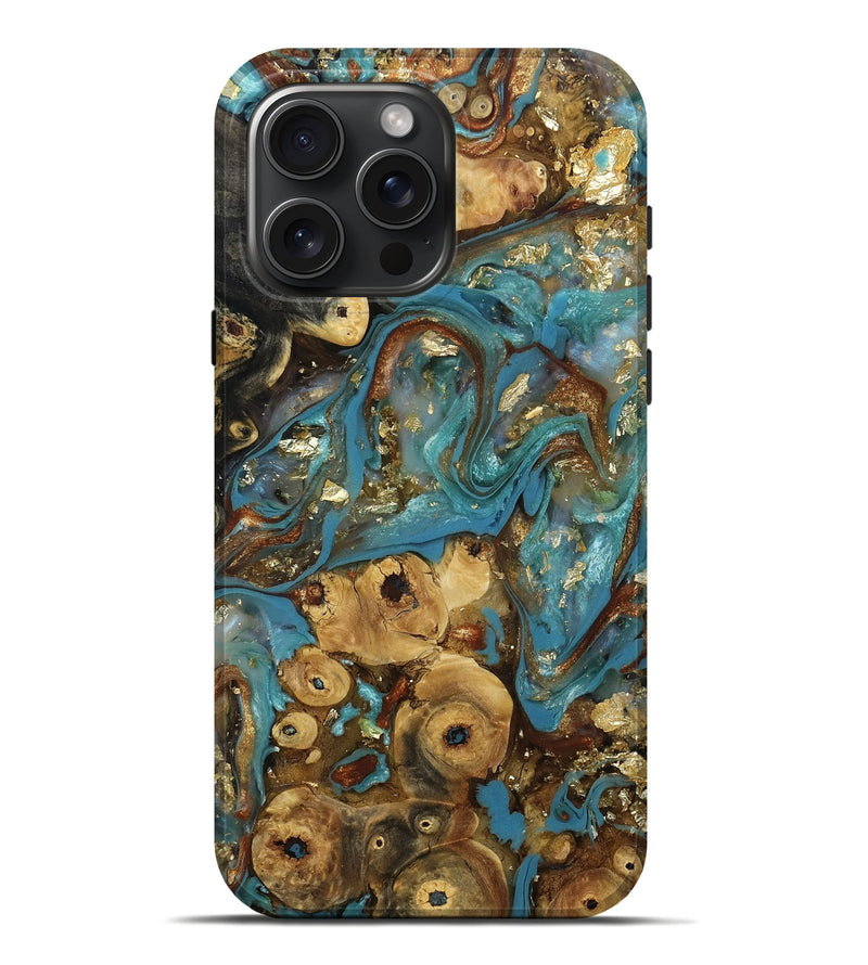 iPhone 16 Pro Max Wood Live Edge Phone Case - Journey (Teal & Gold, 808313)