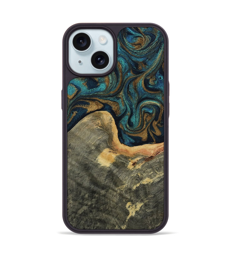 iPhone 15 Wood Phone Case - Taurean (Teal & Gold, 808344)