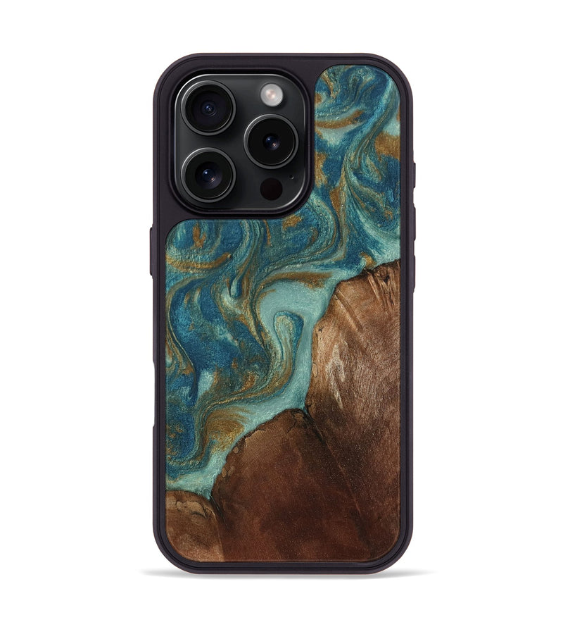 iPhone 16 Pro Wood Phone Case - August (Teal & Gold, 808347)