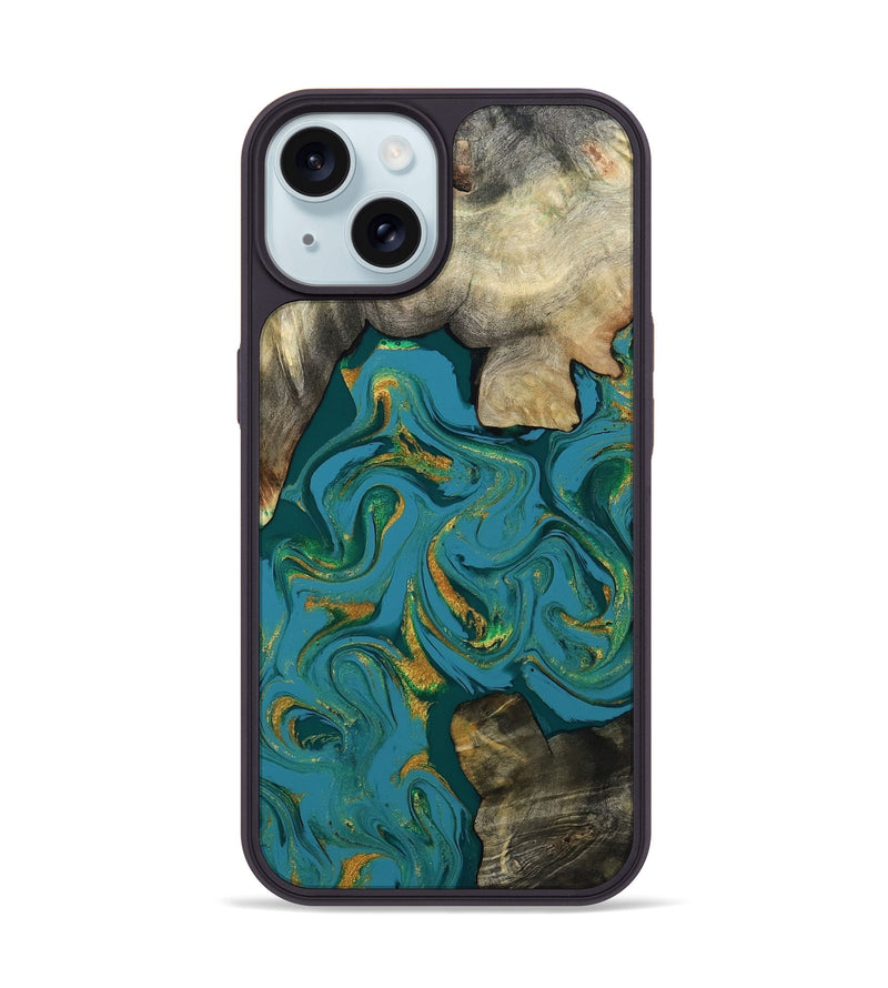 iPhone 15 Wood Phone Case - Jamila (Teal & Gold, 808356)
