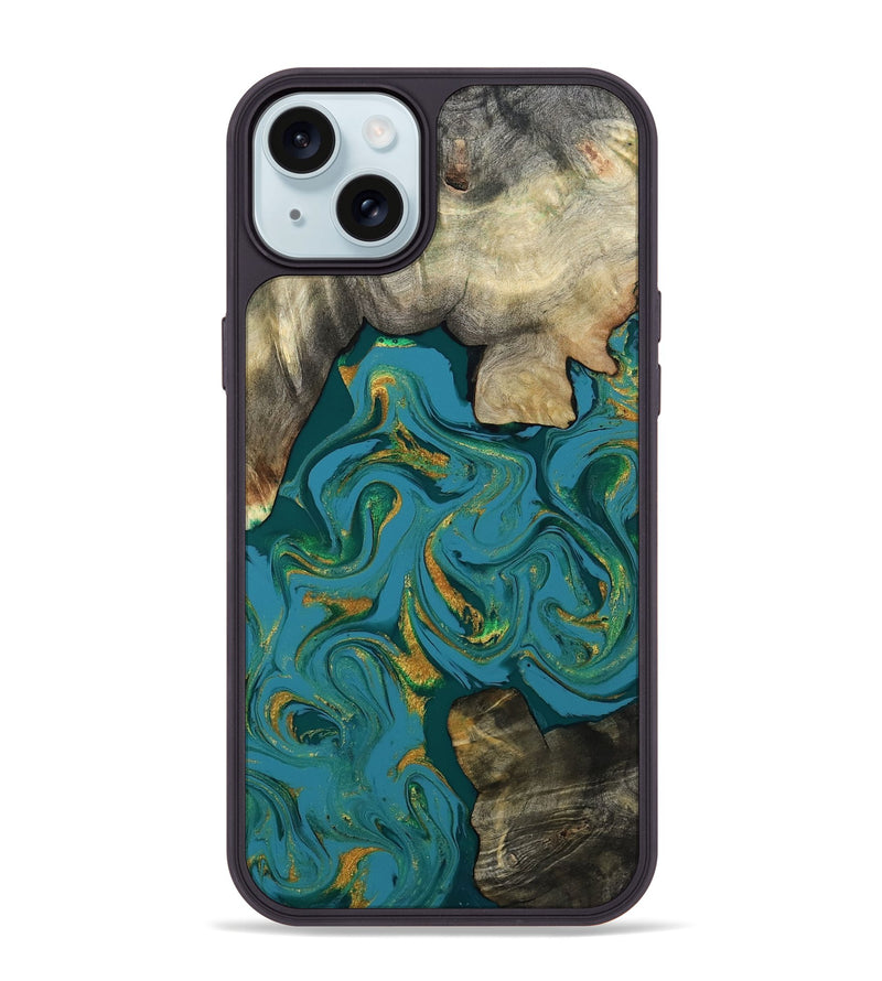 iPhone 15 Plus Wood Phone Case - Jamila (Teal & Gold, 808356)