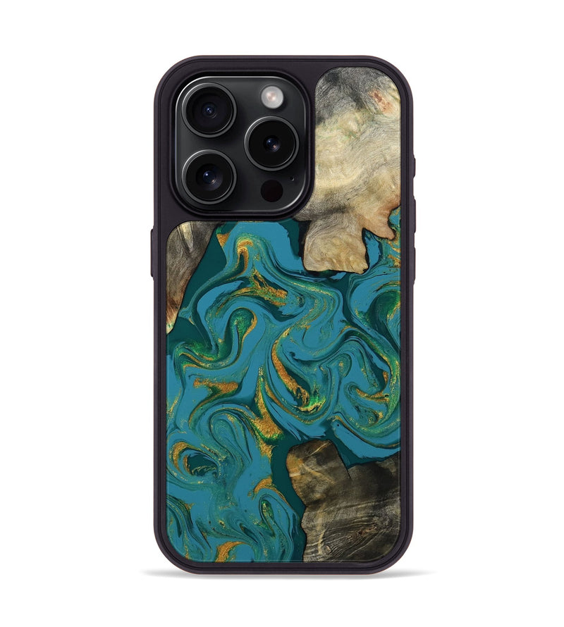 iPhone 15 Pro Wood Phone Case - Jamila (Teal & Gold, 808356)