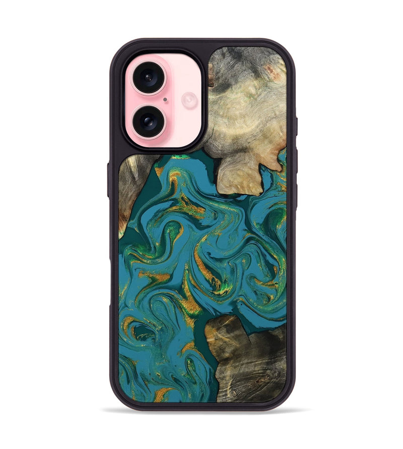 iPhone 16 Wood Phone Case - Jamila (Teal & Gold, 808356)