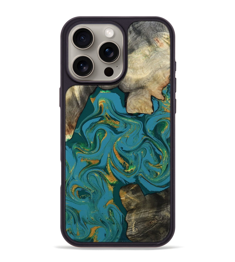 iPhone 16 Pro Max Wood Phone Case - Jamila (Teal & Gold, 808356)