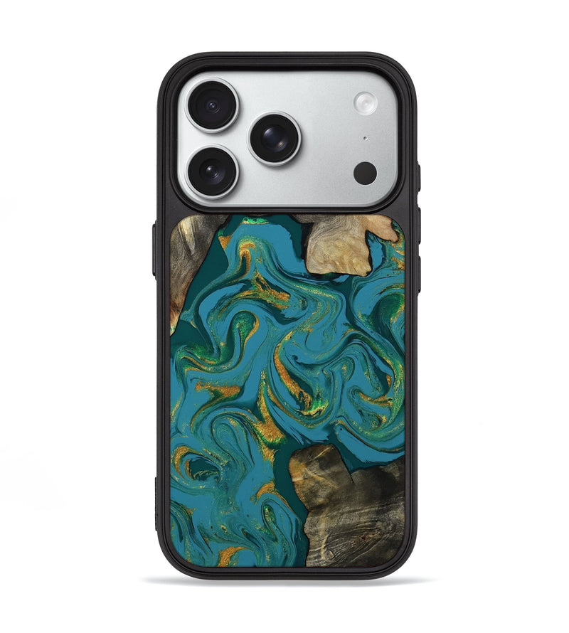 iPhone 18 Pro Wood Phone Case - Jamila (Teal & Gold, 808356)
