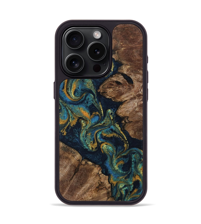 iPhone 15 Pro Wood Phone Case - Mikalah (Teal & Gold, 808360)