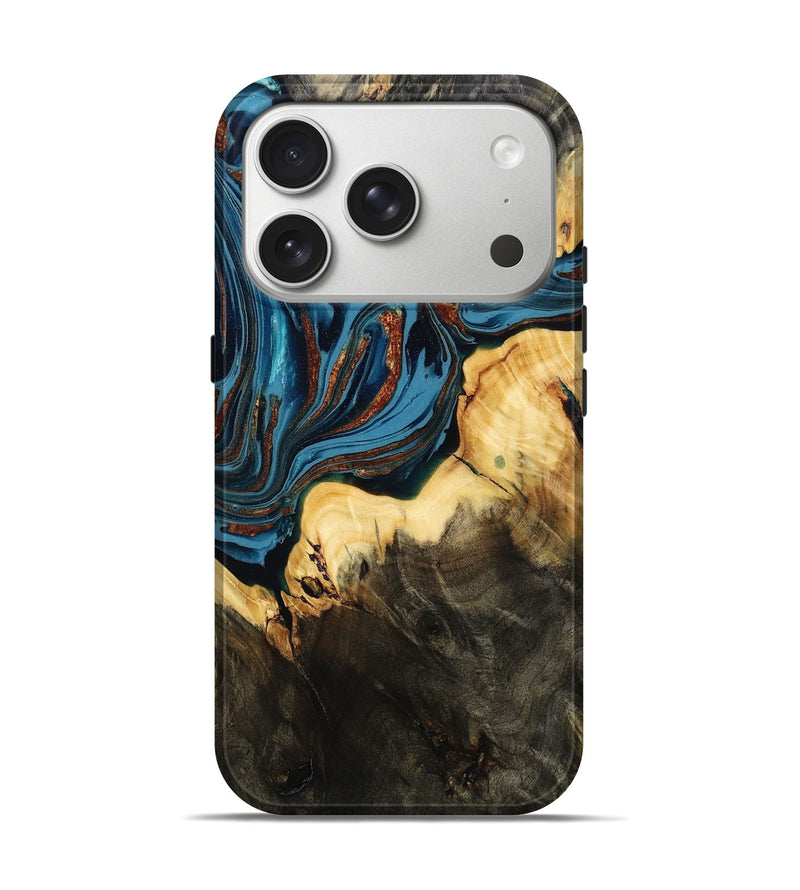 iPhone 17 Pro Wood Live Edge Phone Case - Margery (Teal & Gold, 808546)