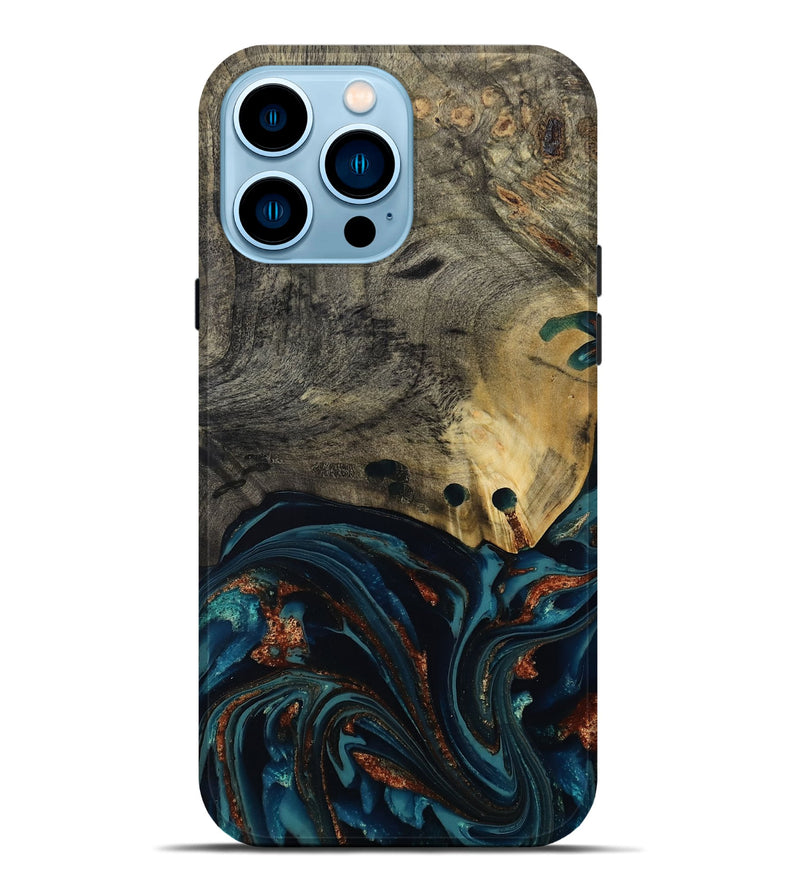 iPhone 14 Pro Max Wood Live Edge Phone Case - Orlando (Teal & Gold, 808563)