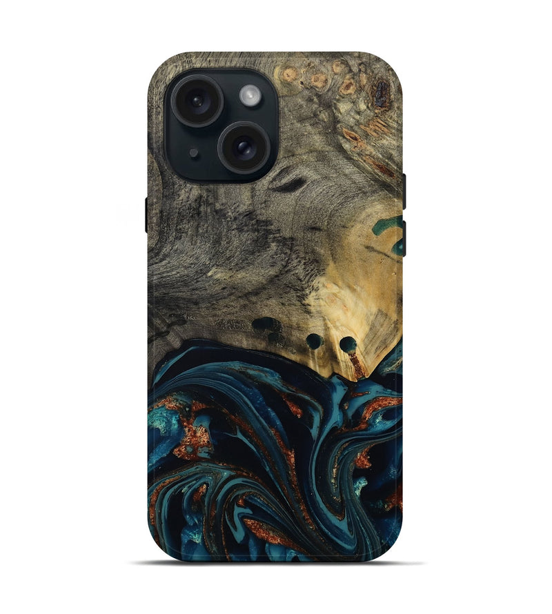 iPhone 15 Wood Live Edge Phone Case - Orlando (Teal & Gold, 808563)