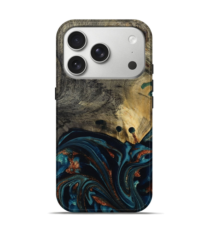 iPhone 17 Pro Wood Live Edge Phone Case - Orlando (Teal & Gold, 808563)
