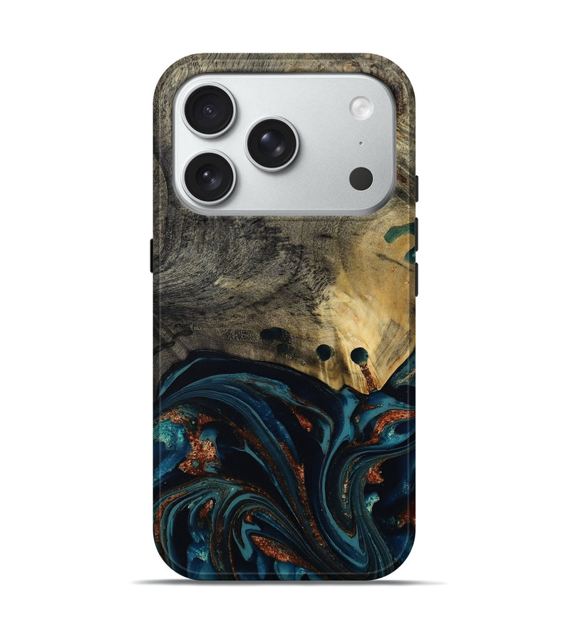 iPhone 18 Pro Wood Live Edge Phone Case - Orlando (Teal & Gold, 808563)
