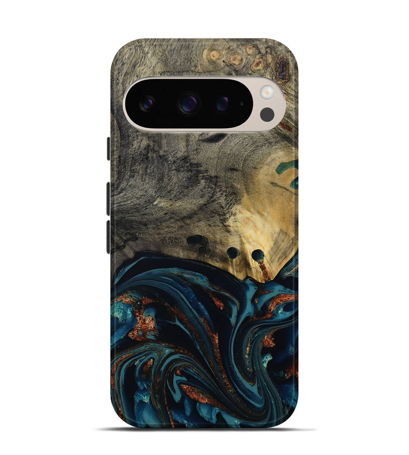 Pixel 9 Pro Wood Live Edge Phone Case - Orlando (Teal & Gold, 808563)