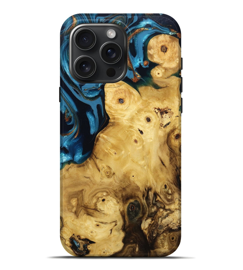 iPhone 16 Pro Max Wood Live Edge Phone Case - Jeana (Teal & Gold, 808569)