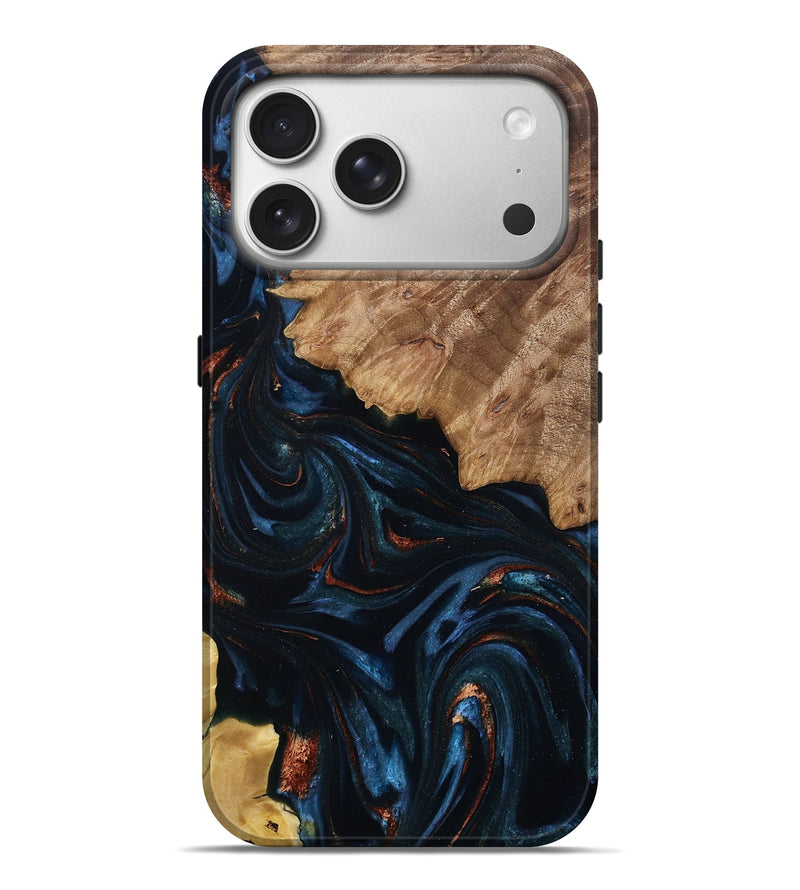iPhone 17 Pro Max Wood Live Edge Phone Case - Enid (Teal & Gold, 808581)