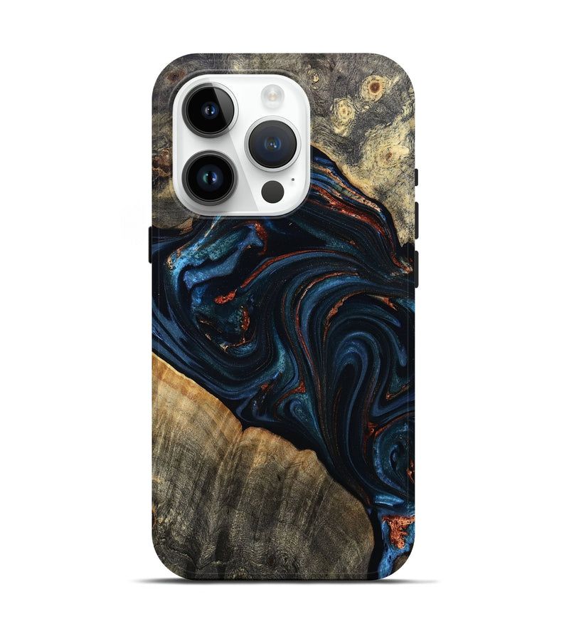 iPhone 15 Pro Wood Live Edge Phone Case - Ransom (Teal & Gold, 808590)