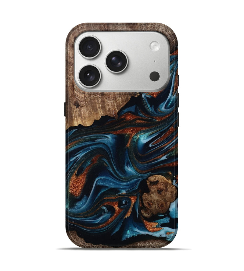 iPhone 17 Pro Wood Live Edge Phone Case - Lorena (Teal & Gold, 808604)