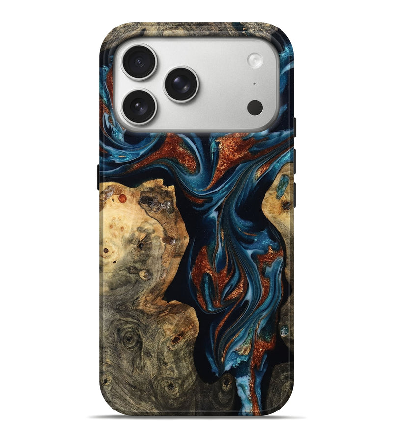 iPhone 17 Pro Max Wood Live Edge Phone Case - Tanesha (Teal & Gold, 808624)