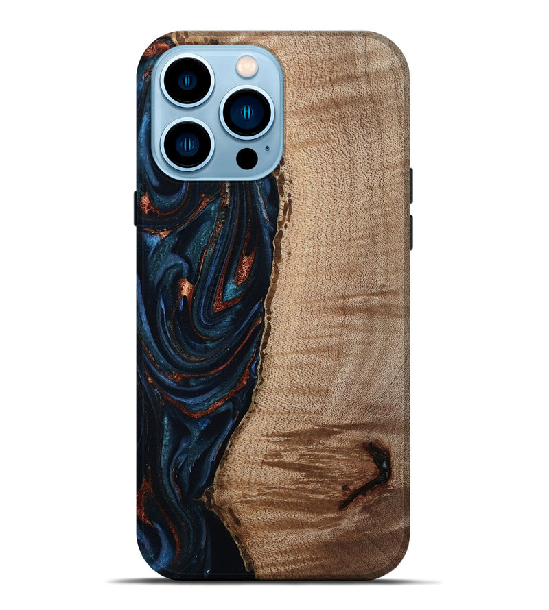 iPhone 14 Pro Max Wood Live Edge Phone Case - Calvin (Teal & Gold, 808625)