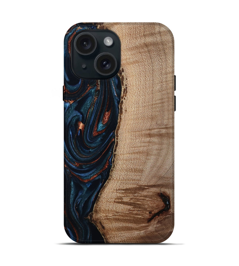 iPhone 15 Wood Live Edge Phone Case - Calvin (Teal & Gold, 808625)