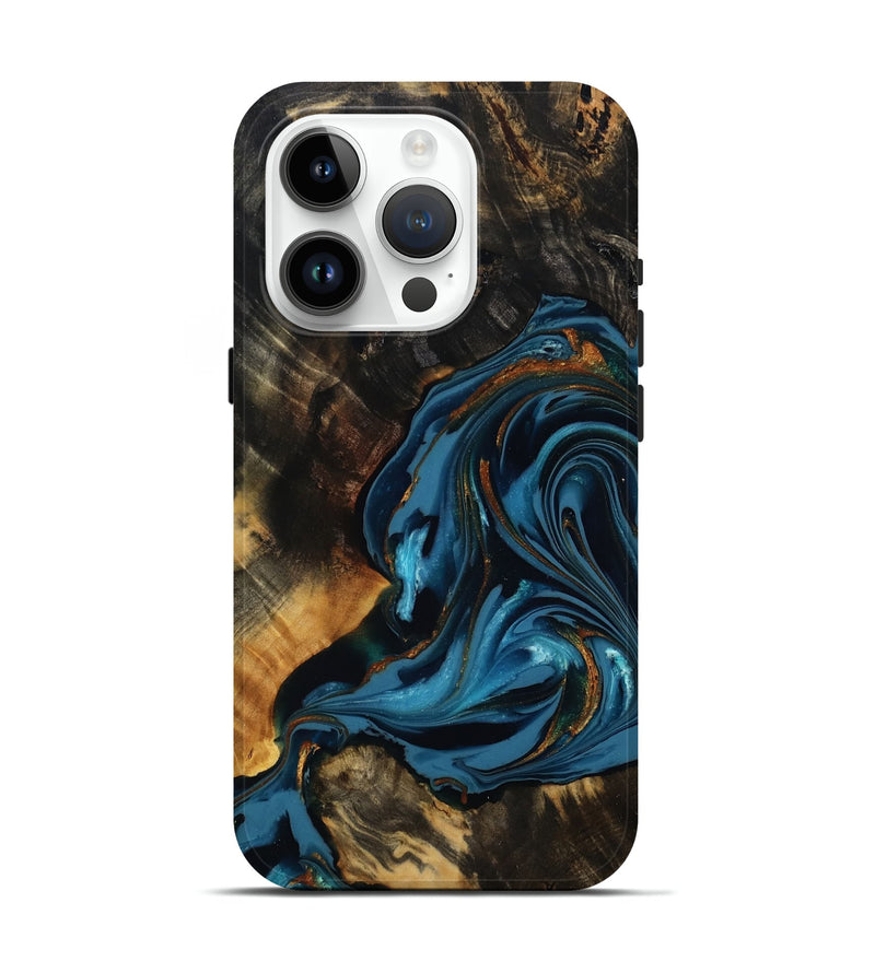 iPhone 15 Pro Wood Live Edge Phone Case - Iyana (Teal & Gold, 808628)