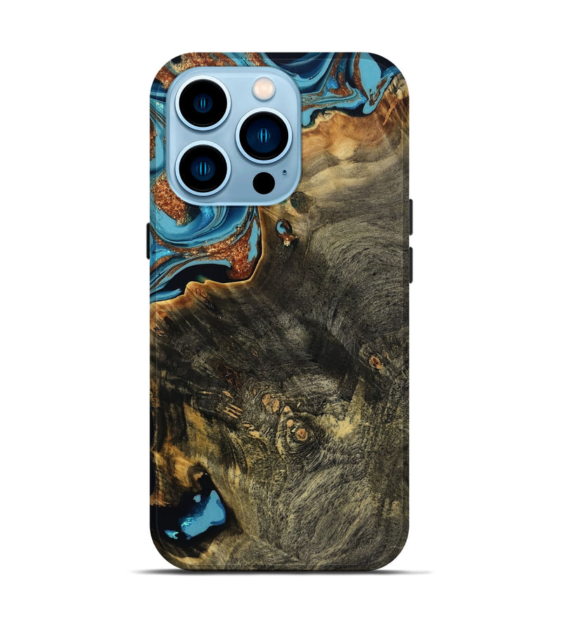 iPhone 14 Pro Wood Live Edge Phone Case - Derek (Teal & Gold, 808639)