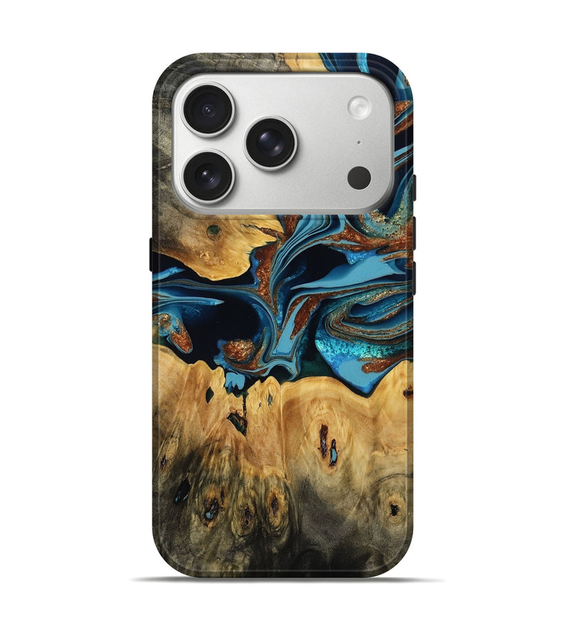 iPhone 17 Pro Wood Live Edge Phone Case - Helene (Teal & Gold, 808641)