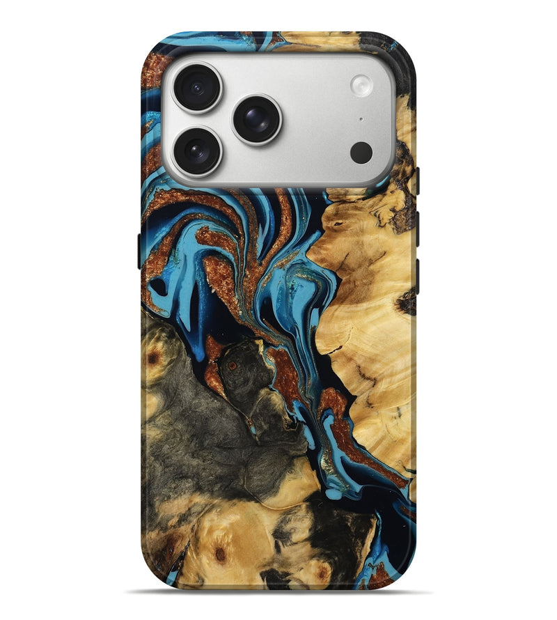 iPhone 17 Pro Max Wood Live Edge Phone Case - Juliana (Teal & Gold, 808657)