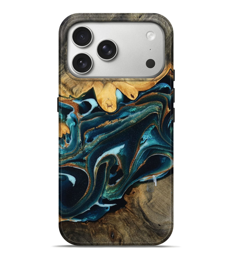 iPhone 17 Pro Max Wood Live Edge Phone Case - Lionel (Teal & Gold, 808666)