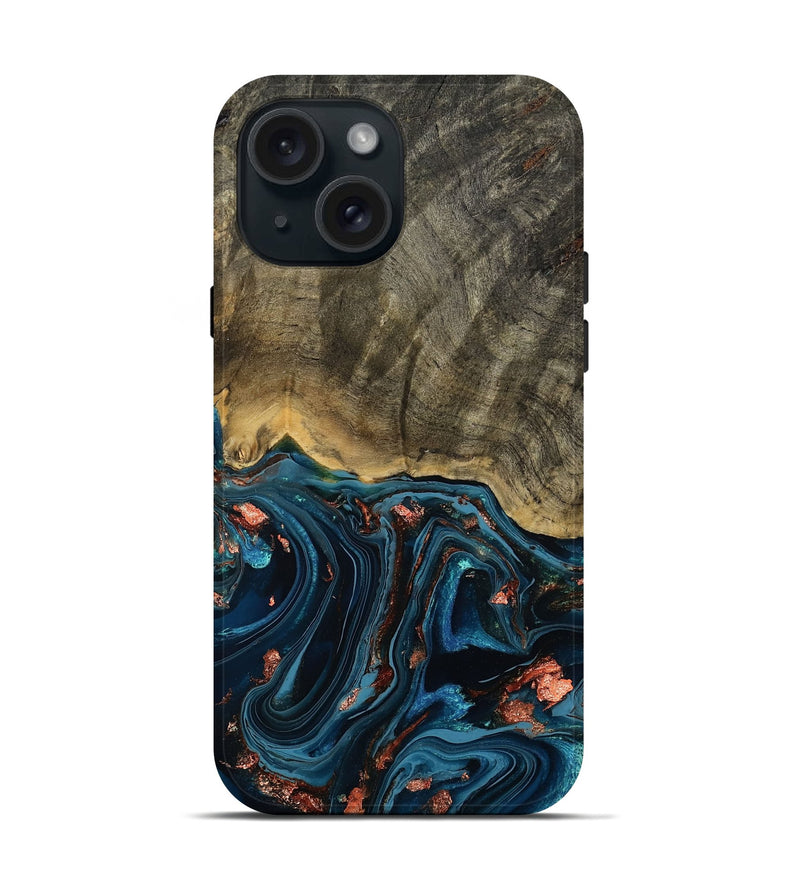 iPhone 15 Wood Live Edge Phone Case - Don (Teal & Gold, 808682)