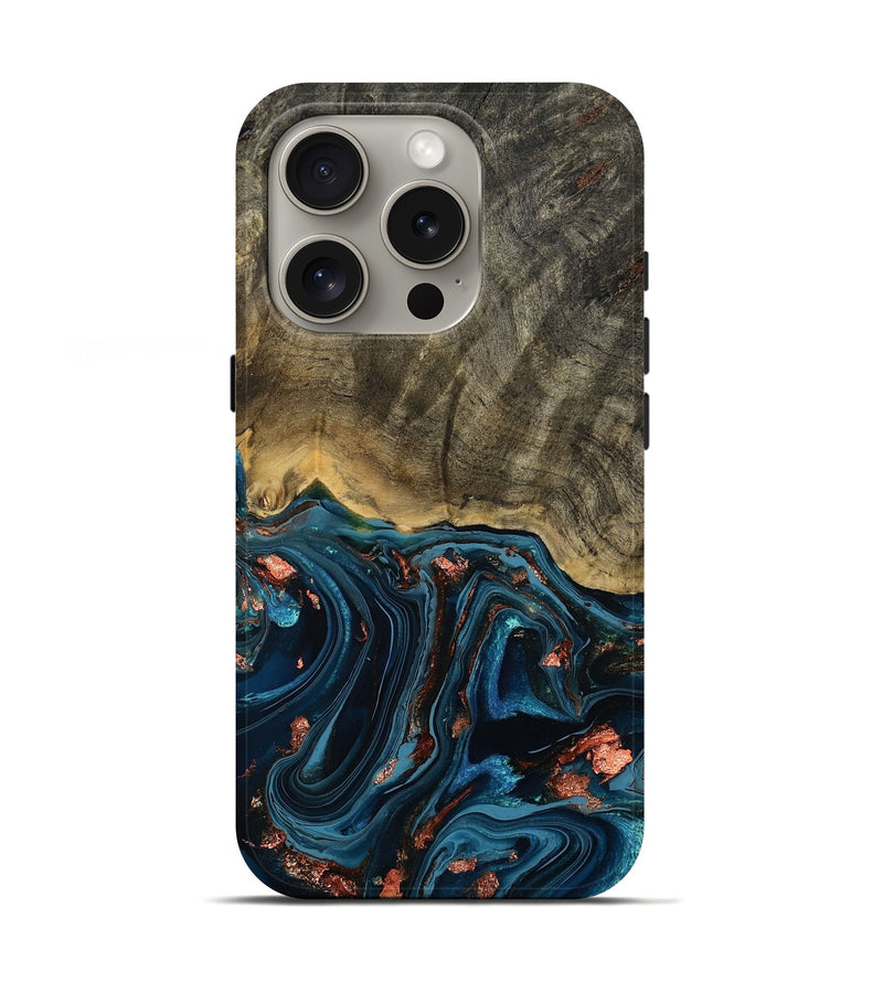 iPhone 16 Pro Wood Live Edge Phone Case - Don (Teal & Gold, 808682)