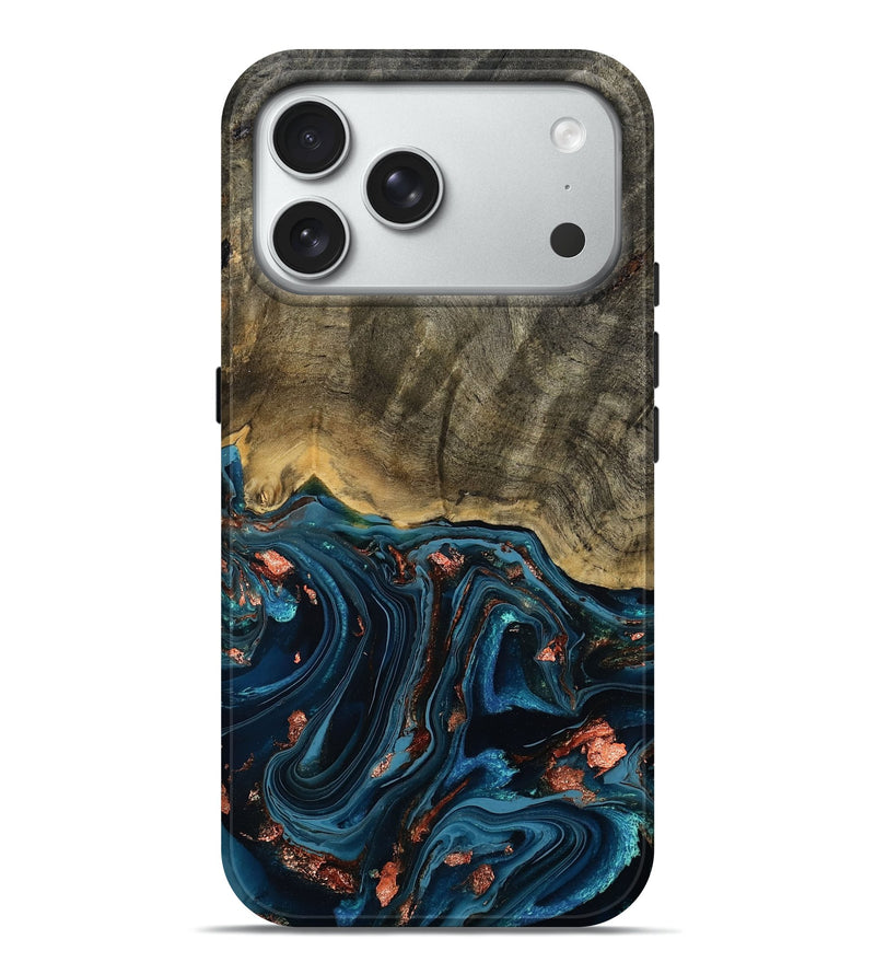 iPhone 18 Pro Max Wood Live Edge Phone Case - Don (Teal & Gold, 808682)