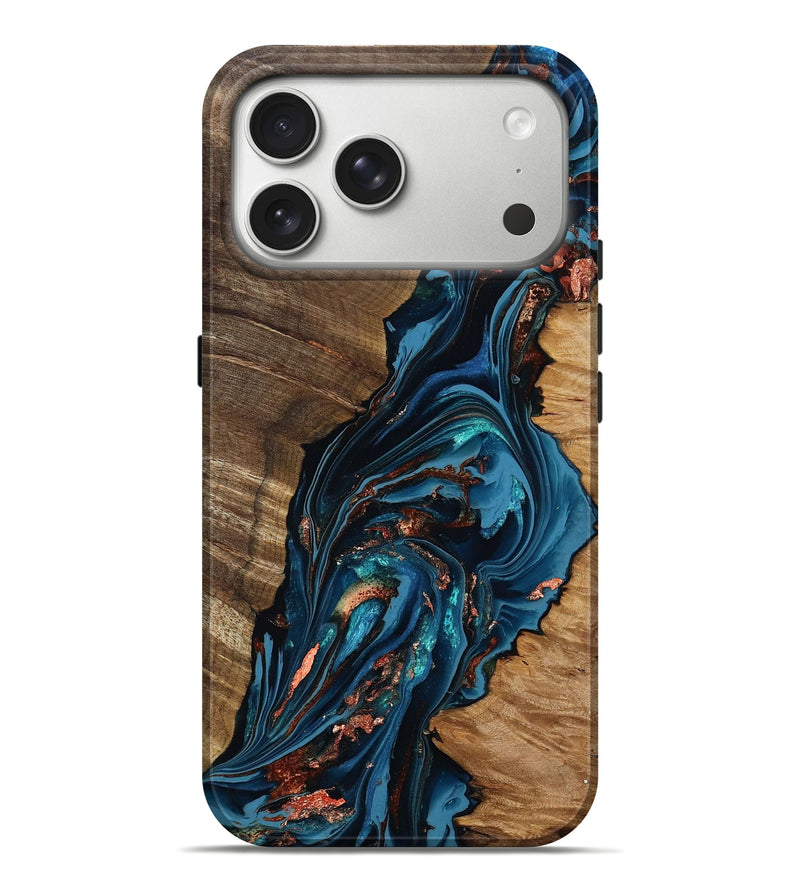 iPhone 17 Pro Max Wood Live Edge Phone Case - Tamika (Teal & Gold, 808695)