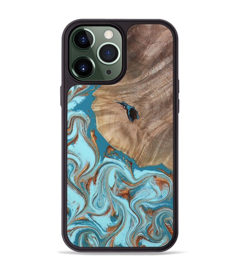 iPhone 13 Pro Max Wood Phone Case - Britni (Teal & Gold, 808813)