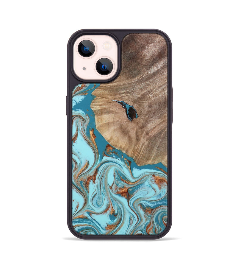iPhone 14 Wood Phone Case - Britni (Teal & Gold, 808813)
