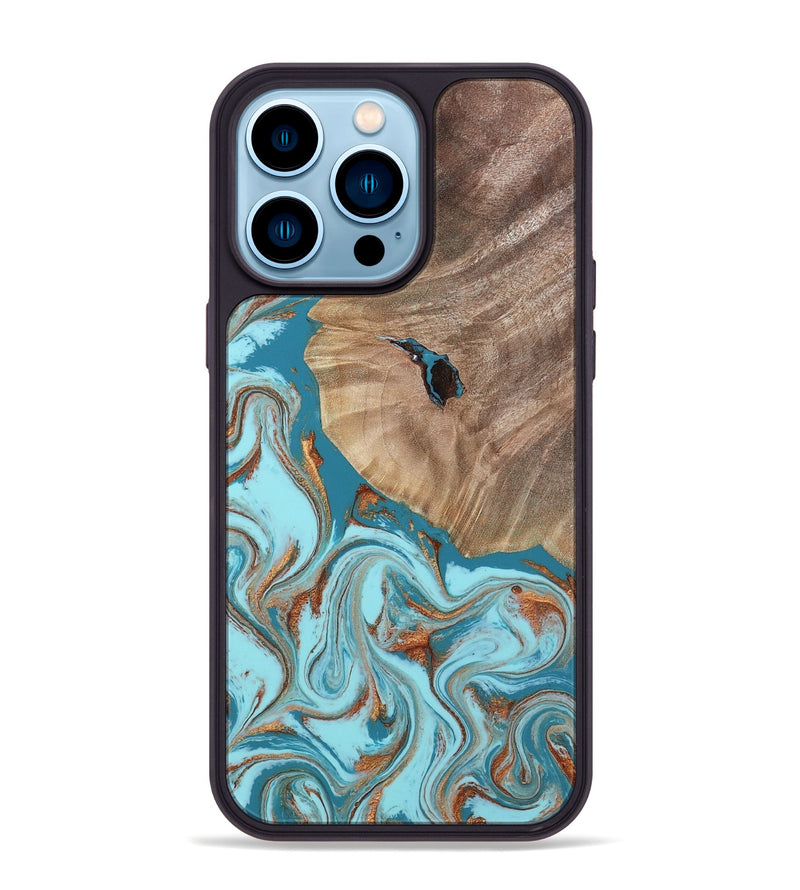 iPhone 14 Pro Max Wood Phone Case - Britni (Teal & Gold, 808813)