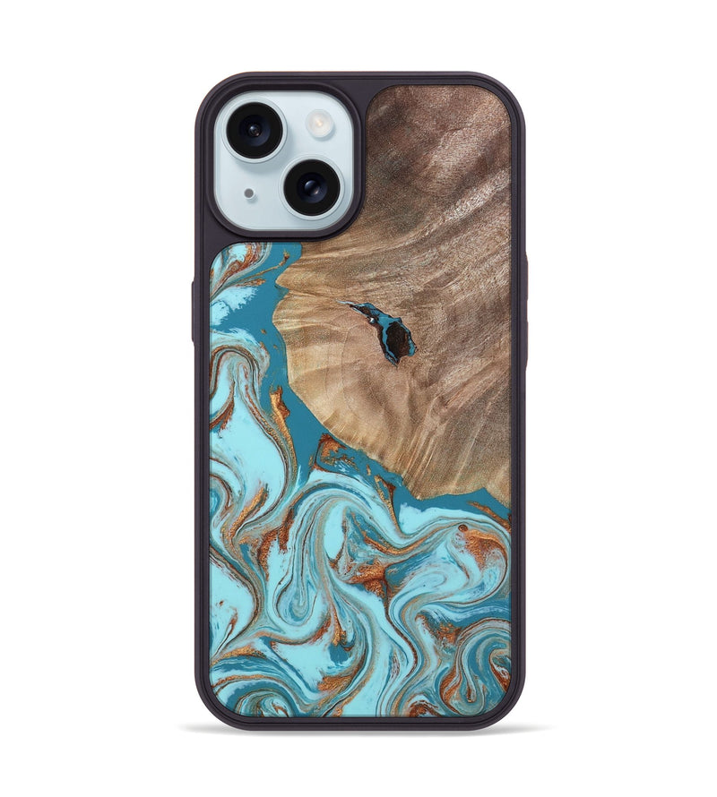 iPhone 15 Wood Phone Case - Britni (Teal & Gold, 808813)
