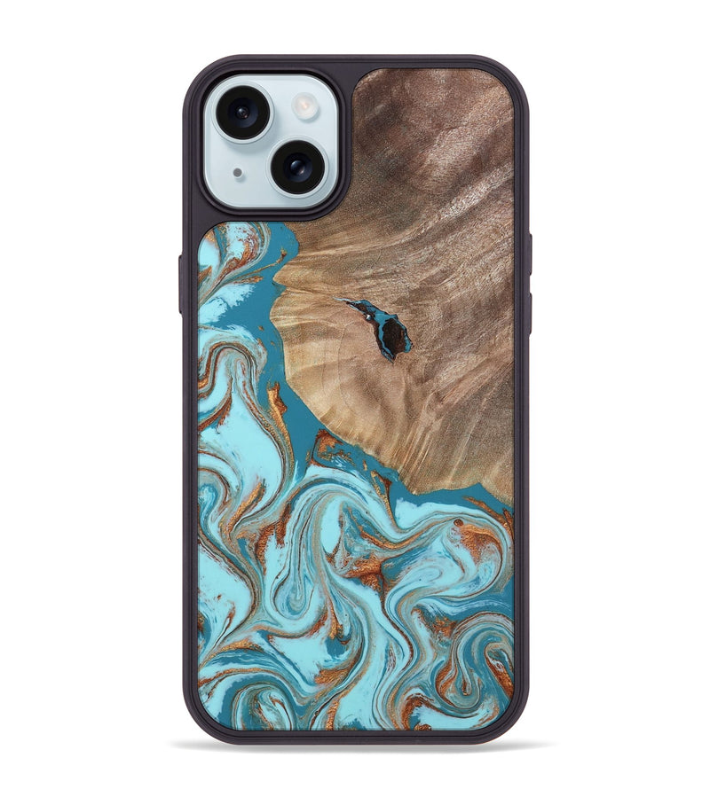 iPhone 15 Plus Wood Phone Case - Britni (Teal & Gold, 808813)