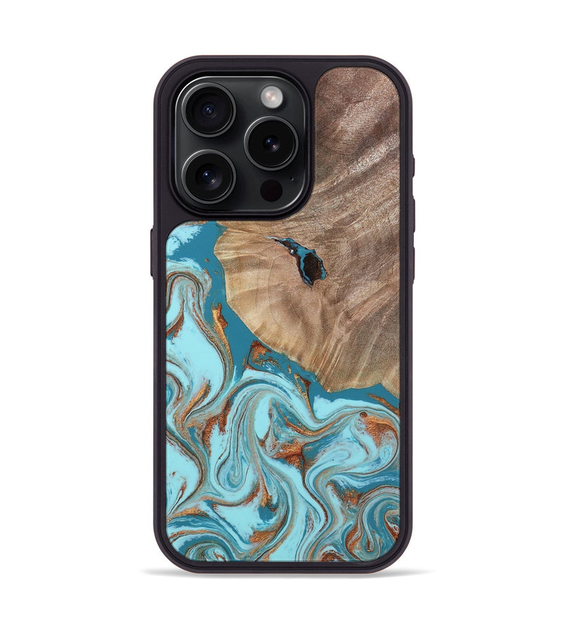 iPhone 15 Pro Wood Phone Case - Britni (Teal & Gold, 808813)